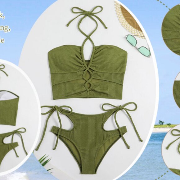 Green Strappy Cutout Tankini/Bikini Swimsuit - Picture 3 of 5